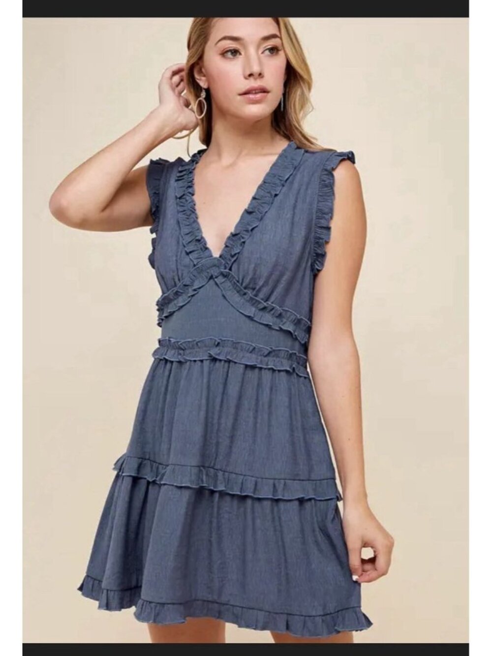 PINCH Ruffle Mini Dress Size Large Blue V-Neck Long Sleeve